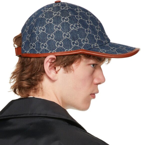NEW GUCCI GG Monogram Denim Leather Trim Baseball Cap Hat Size M / 58 cm Authent - Picture 6 of 11
